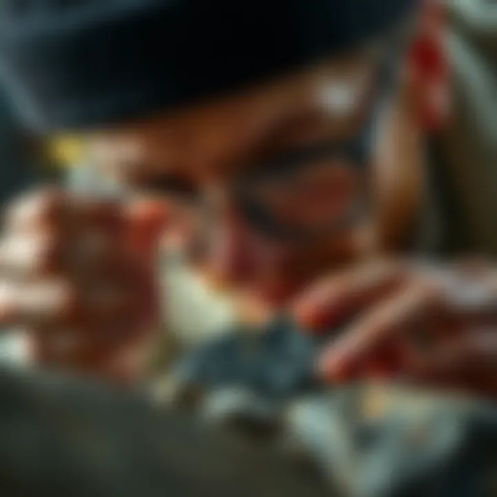 An expert examining a polished rock under a magnifying glass to assess quality.