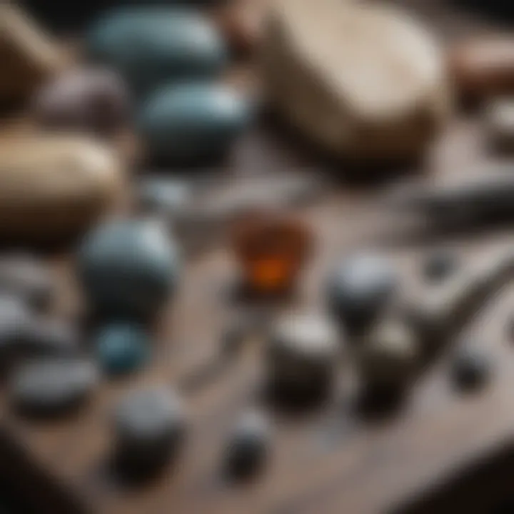 Essential tools for identifying polished stones displayed on a table.