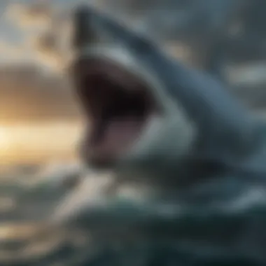 An artist's depiction of megalodon hunting in prehistoric oceans, surrounded by diverse marine life.