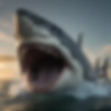 Megalodon vs Great White Shark A life-sized reconstruction of a megalodon, showcasing its immense size compared to a contemporary great white shark.