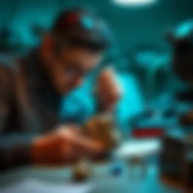 A professional appraiser examining a meteorite with tools