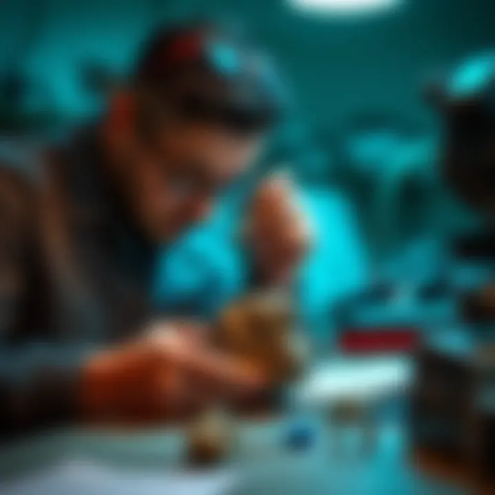 A professional appraiser examining a meteorite with tools