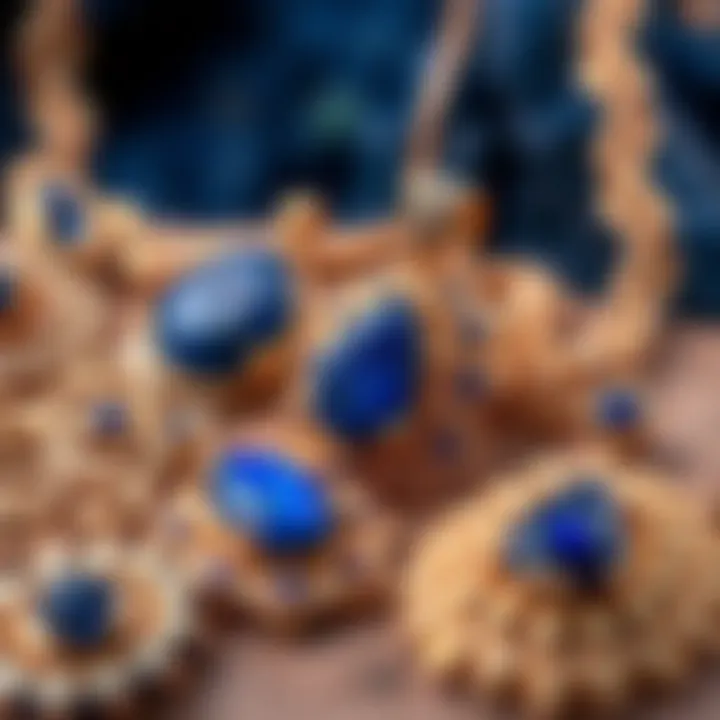 A close-up of lapis lazuli jewelry pieces, emphasizing intricate designs and craftsmanship.
