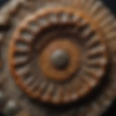 A close-up view of a rare ammonite fossil showcasing its intricate shell pattern.