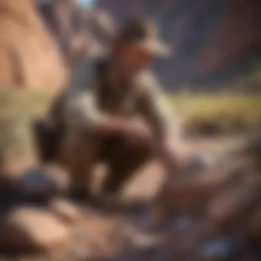 Prospector examining rocks with tools in the field