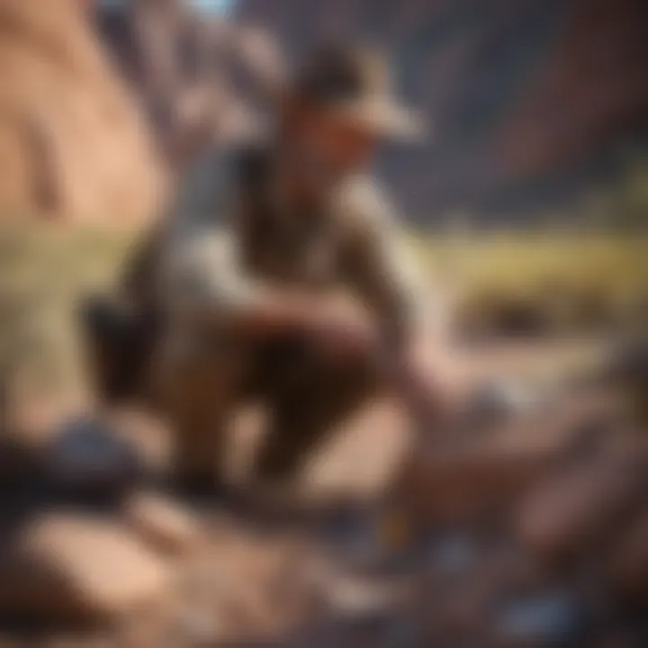 Prospector examining rocks with tools in the field