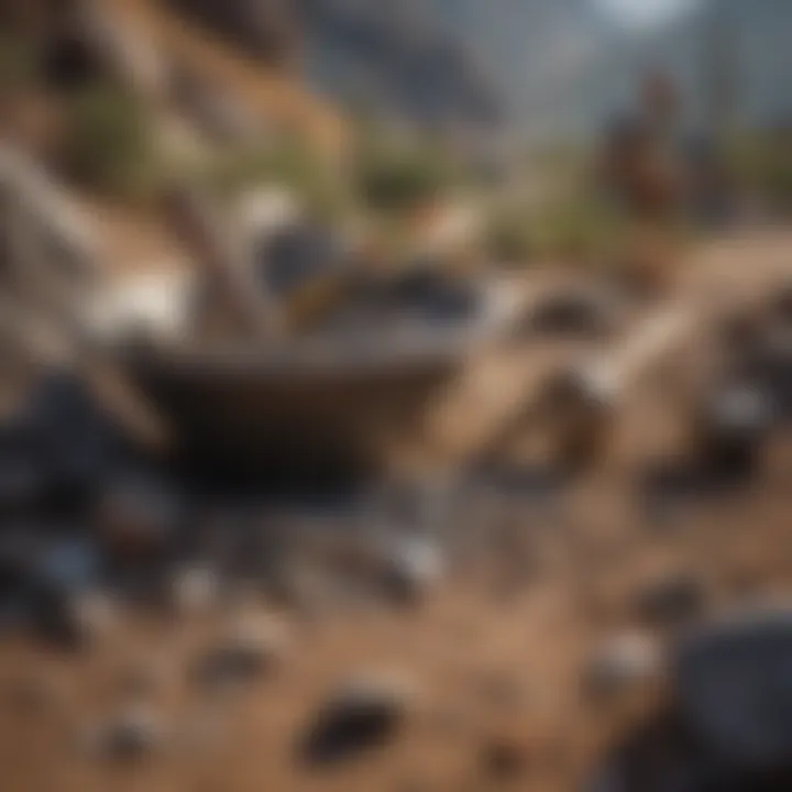 Close-up of a prospector's tools including picks, shovels, and sieves on a mineral-rich landscape.