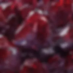Close-up of a purple red crystal showcasing its unique texture and color variations