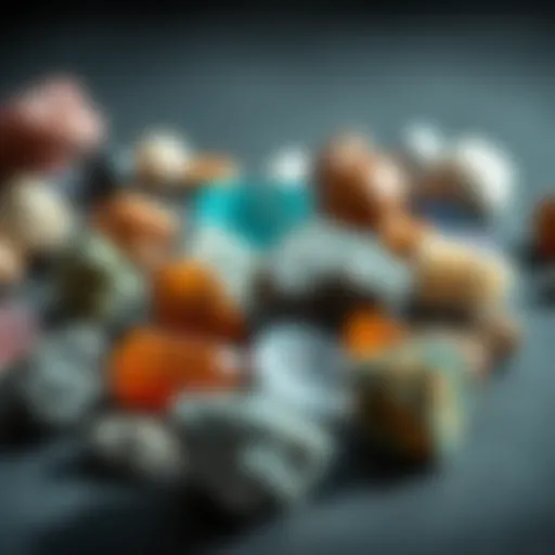 Close-up view of various mineral samples arranged on a surface