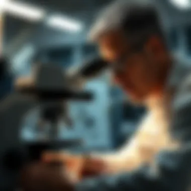 Microscopic Analysis in Geology Geologist using a microscope to analyze rock samples