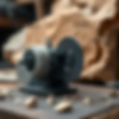 An illustration of the components of a rock grinder tool, highlighting essential parts such as the motor, grinding wheel, and base