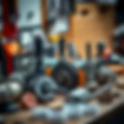 A close-up view of various rock grinder tools displayed on a workbench, showcasing their unique features