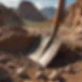 A close-up view of a rock sifting shovel in action during an archaeological dig.