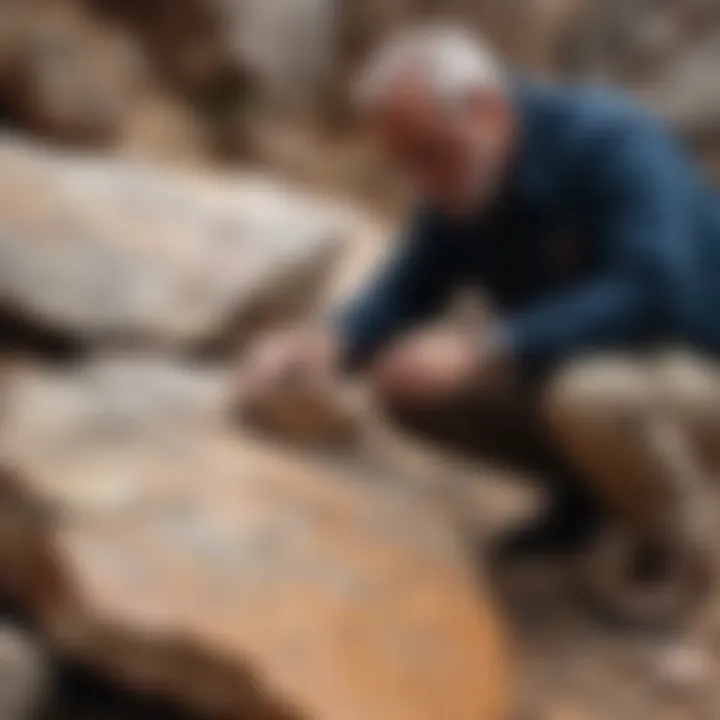 An enthusiast examining a collection of rock slabs, showcasing their unique textures.