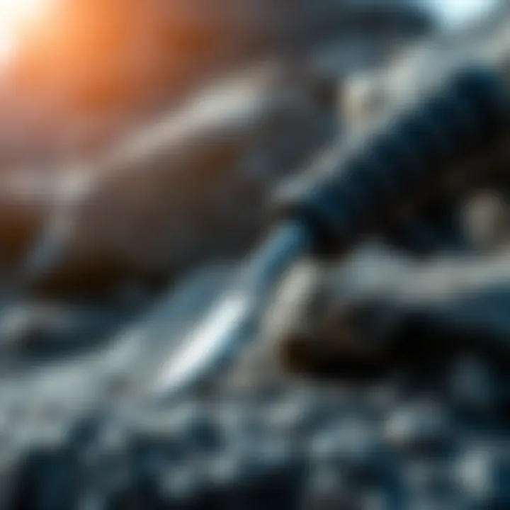 Rock Pick with Textured Grip A close-up of a rock pick with a textured grip on a rocky surface.