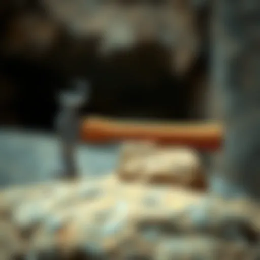 A detailed view of a geological hammer resting on a rock.