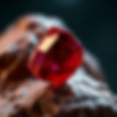 Close-Up of Raw Ruby Gemstone Close-up of a raw ruby gemstone showcasing its deep red hue and natural inclusions.