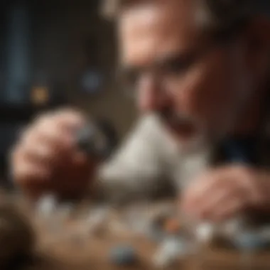 Close-up of a geologist inspecting mineral samples with a loupe.