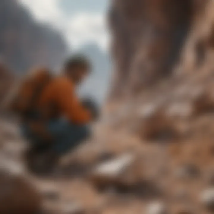 An outdoor scene of a mineral hunter exploring a rocky terrain.