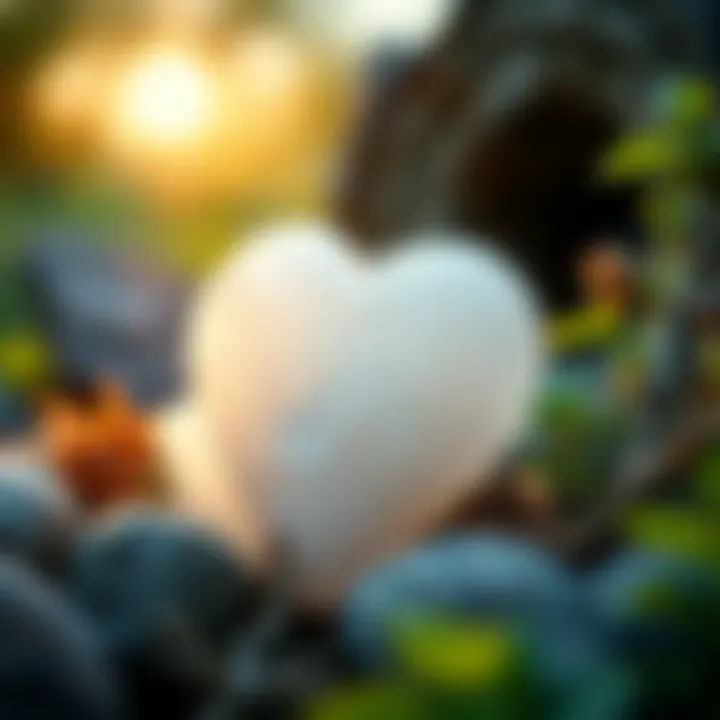 Selenite heart crystal surrounded by natural elements