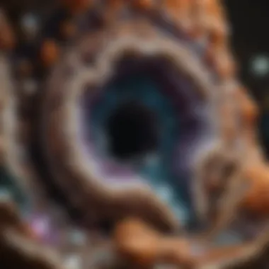 A close-up view of a vibrant geode displaying its crystalline interior.