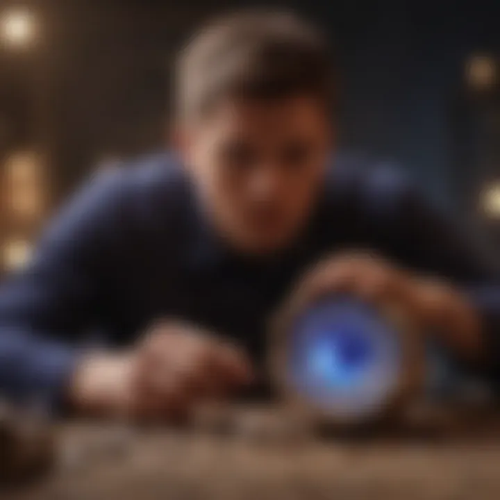 A person examining a geode under bright lighting to reveal its features.