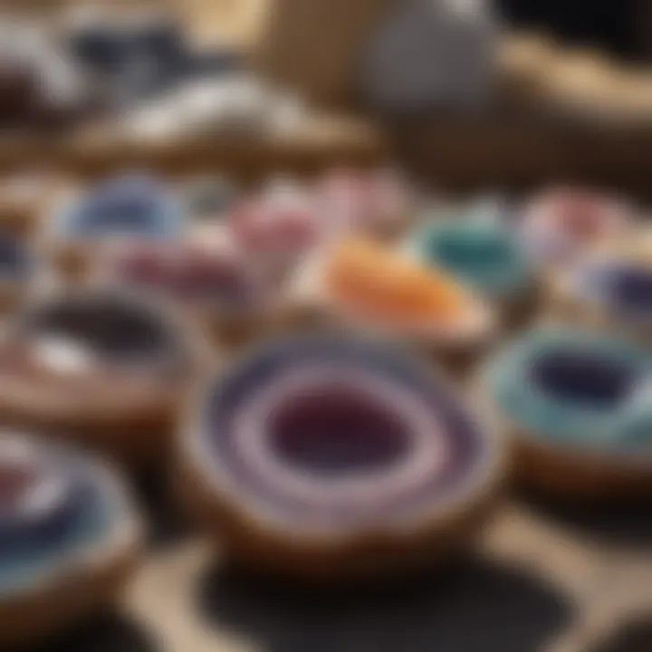 A selection of various geodes on display at a market stall.