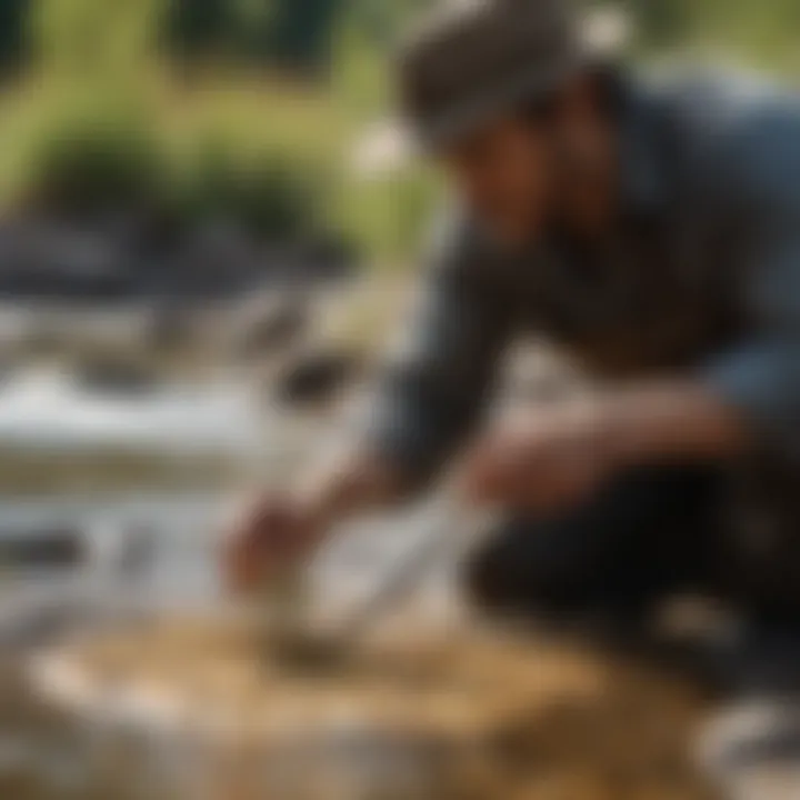 A close-up on the proper technique of panning for gold in a river.