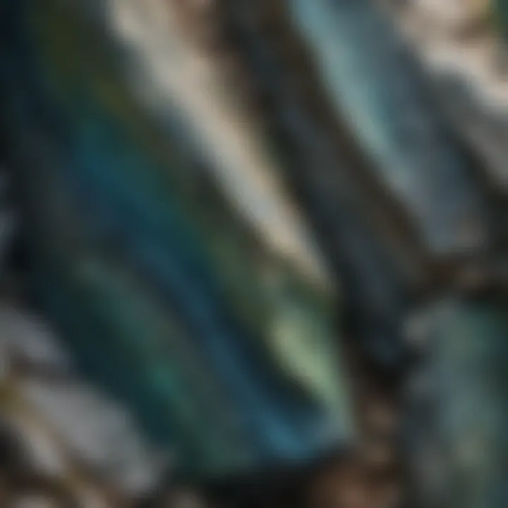 Close-up view of the geological layers in blue and green rocks revealing their unique formations