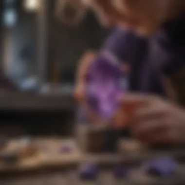 An artisan crafting a piece of jewelry featuring a prominent purple stone.