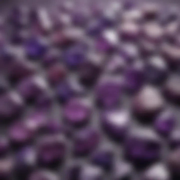 A collection of various semi-precious purple stones displayed elegantly on a velvet backdrop.