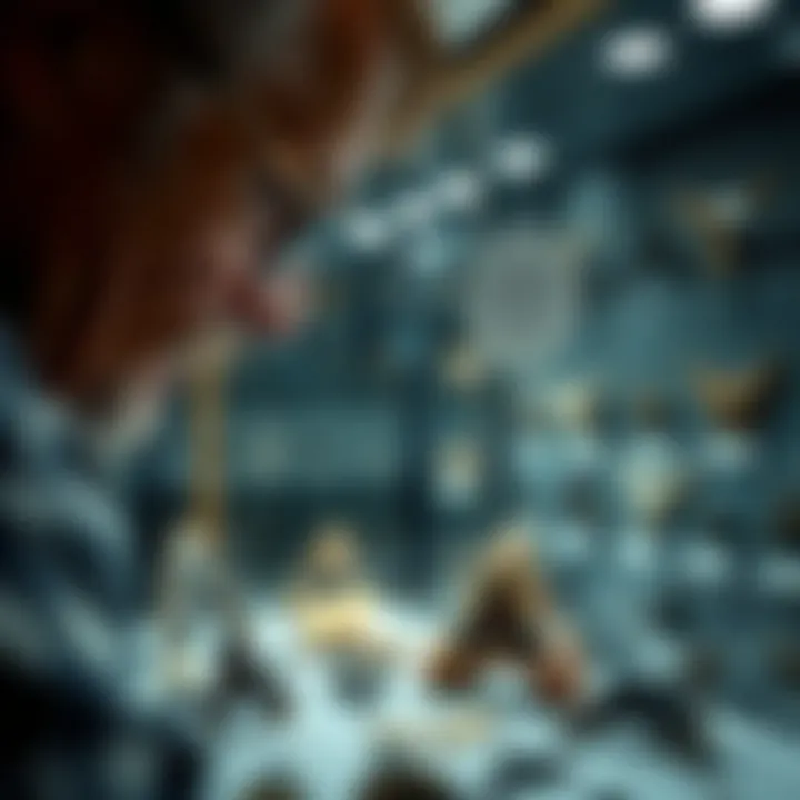 Collector's Passion for Shark Teeth A collector examining shark teeth in a well-lit display case