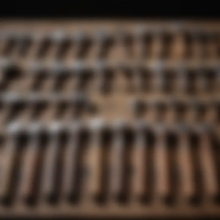 A selection of various picking hammers displayed on a wooden surface, showcasing their unique features.