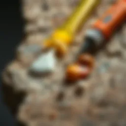 Close-up of a stone surface with various adhesives applied