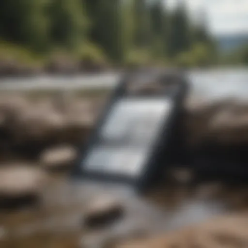 Portable sluice box set up in a river