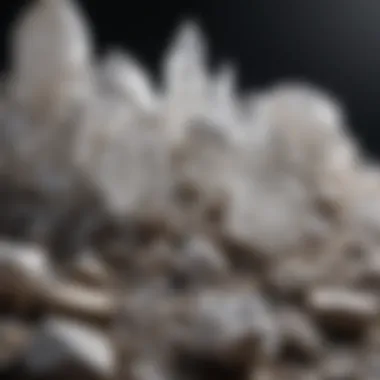 A collection of various white crystals displayed in a natural setting.