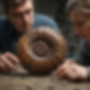 A collector examining a fossilized ammonite specimen, illustrating the importance of careful handling.