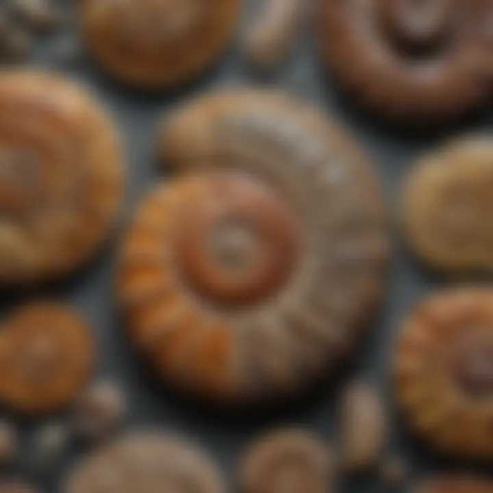 Display of various fossilized ammonite specimens showcasing their intricate patterns.