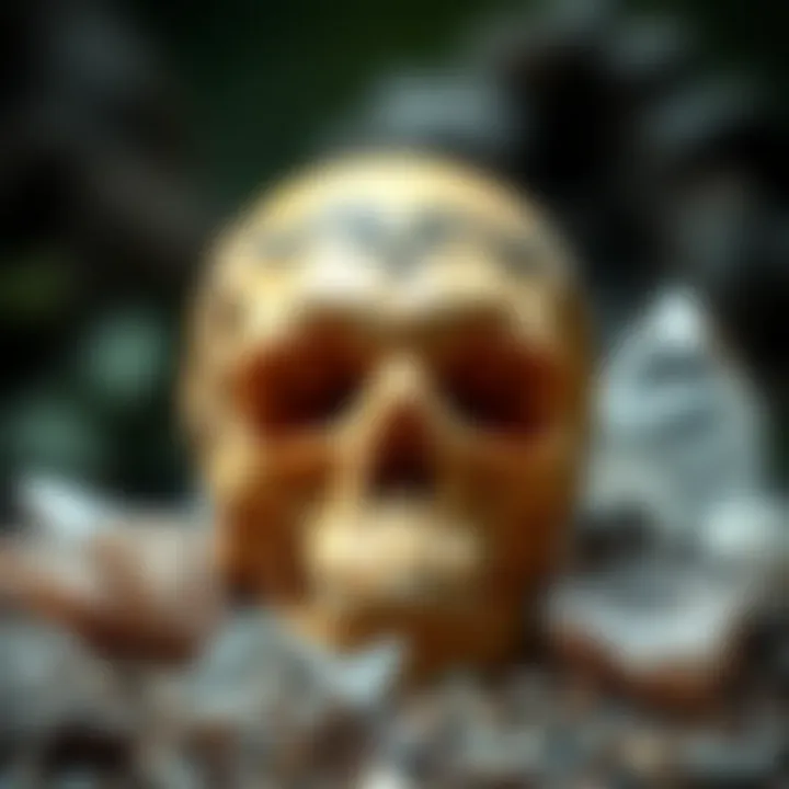 Ancient Crystal Skull in Nature An ancient crystal skull displayed in a natural setting among crystals