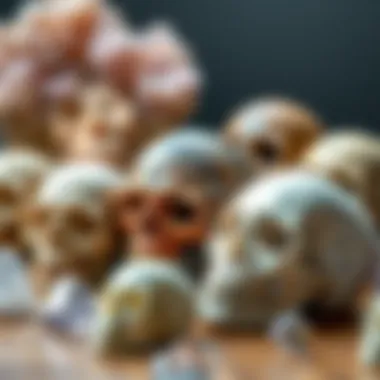 Diverse Collection of Crystal Skulls A close-up of assorted crystal skulls showcasing different types of crystals