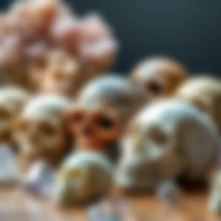 Diverse Collection of Crystal Skulls A close-up of assorted crystal skulls showcasing different types of crystals