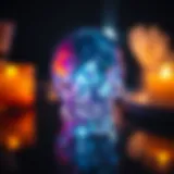 A beautifully crafted crystal skull reflecting light in various colors