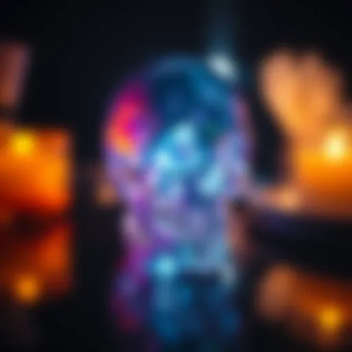 A beautifully crafted crystal skull reflecting light in various colors