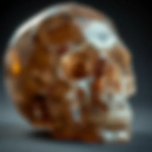 A detailed close-up of a smoky quartz skull showcasing its intricate patterns and hues