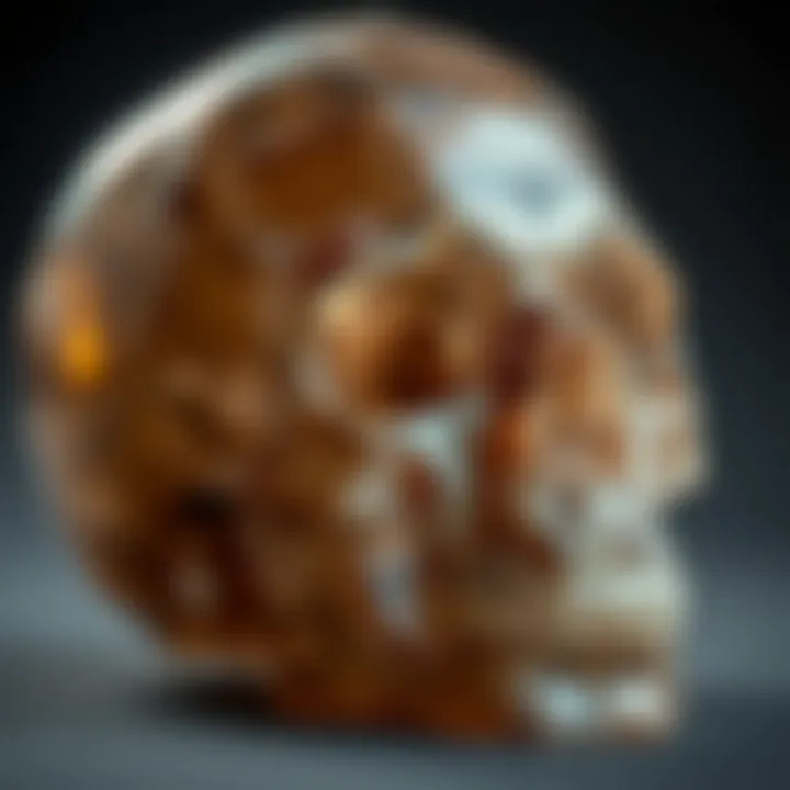 Intricate Patterns of Smoky Quartz Skull A detailed close-up of a smoky quartz skull showcasing its intricate patterns and hues