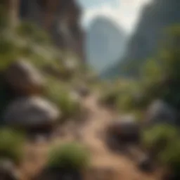 An overview of a tranquil landscape ideal for gem hunting, featuring rocky outcrops and lush vegetation.