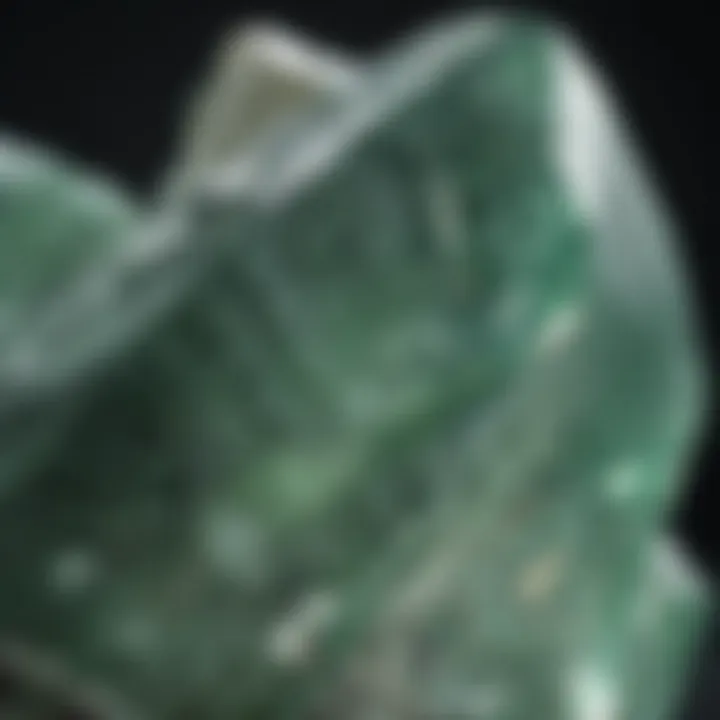 Close-up of a polished light green stone crystal showing its unique texture and shine