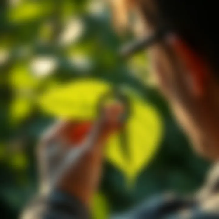 Examining Leaf Anatomy with Precision A researcher using a hand lens to examine a leaf under natural light