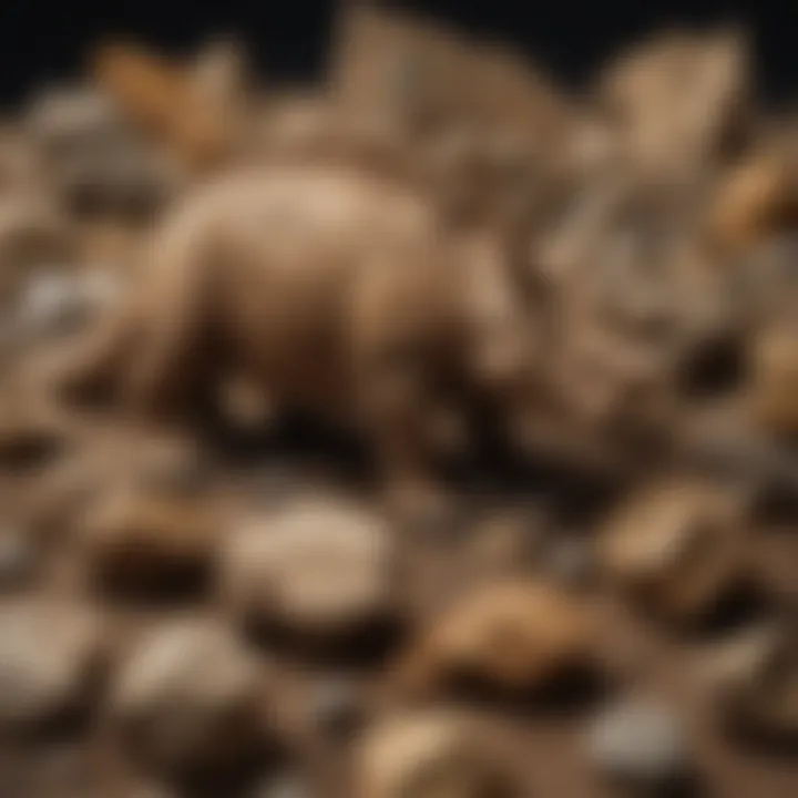 Display of various Triceratops fossil fragments in a collection