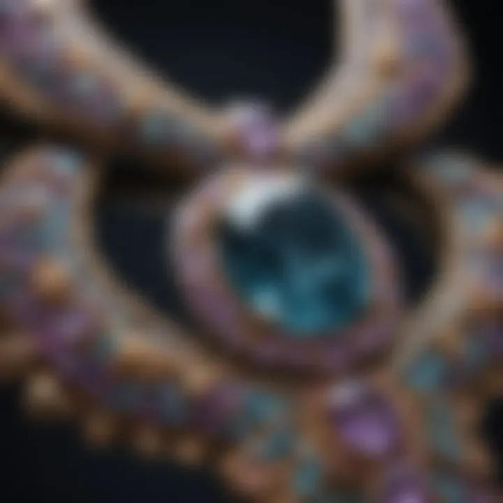 An intricate piece of jewelry featuring an alexandrite cabochon surrounded by sparkling gemstones.